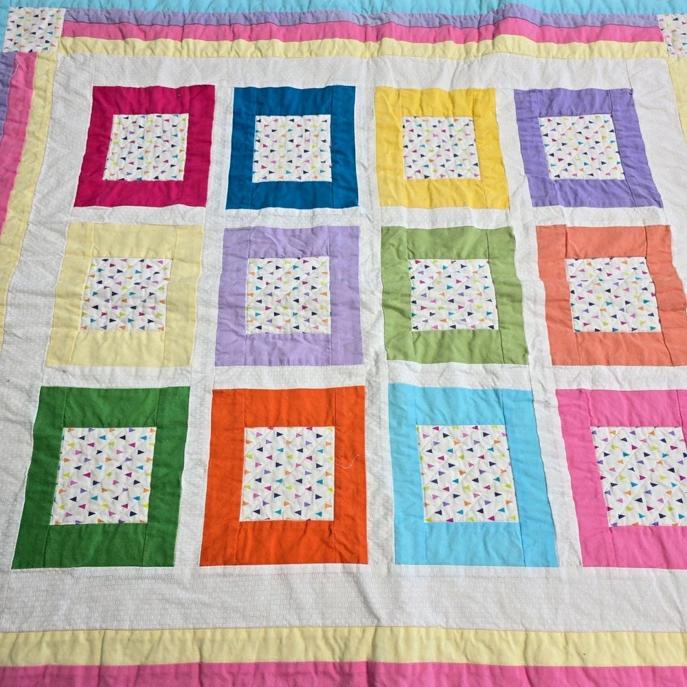 Handmade Patchwork Baby Quilt Colorful Geometric Squares Confetti Print 36x32